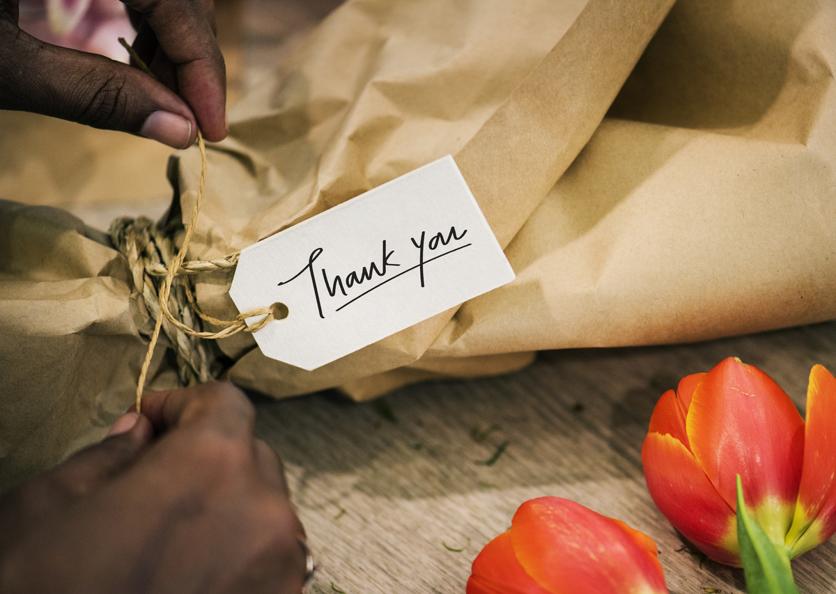 Closeup of thank you tag on a flower bouquet